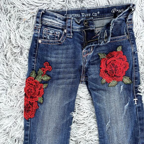 Kids Denim Jeans with Red Floral Embroidery - Picture 4 of 13